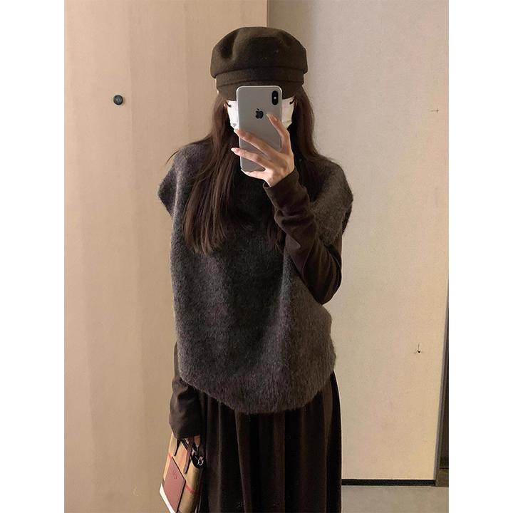 韩系咖色高领无袖针织马甲背心女秋冬时髦洋气外搭叠穿坎肩小上衣