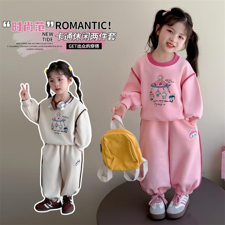 女童lAbubu卡通套装夏季2025新款洋气女孩时髦休闲卫衣卫裤两件套