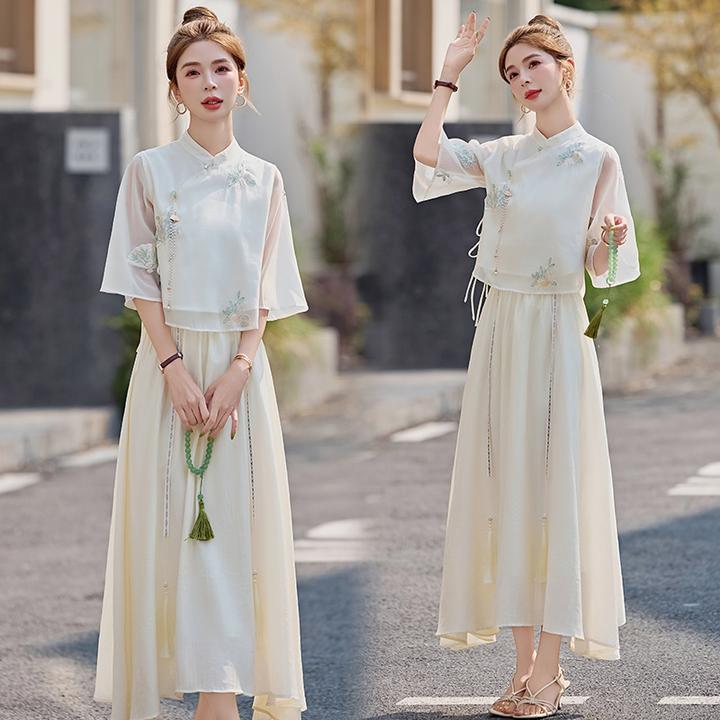中国风复古中式套装绣花上衣时尚夏季国风两件套超仙森系连衣裙女