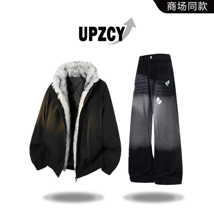 UPZCY潮流毛领座山雕棉衣套装男秋冬宽松时尚痞帅外套水洗牛仔裤