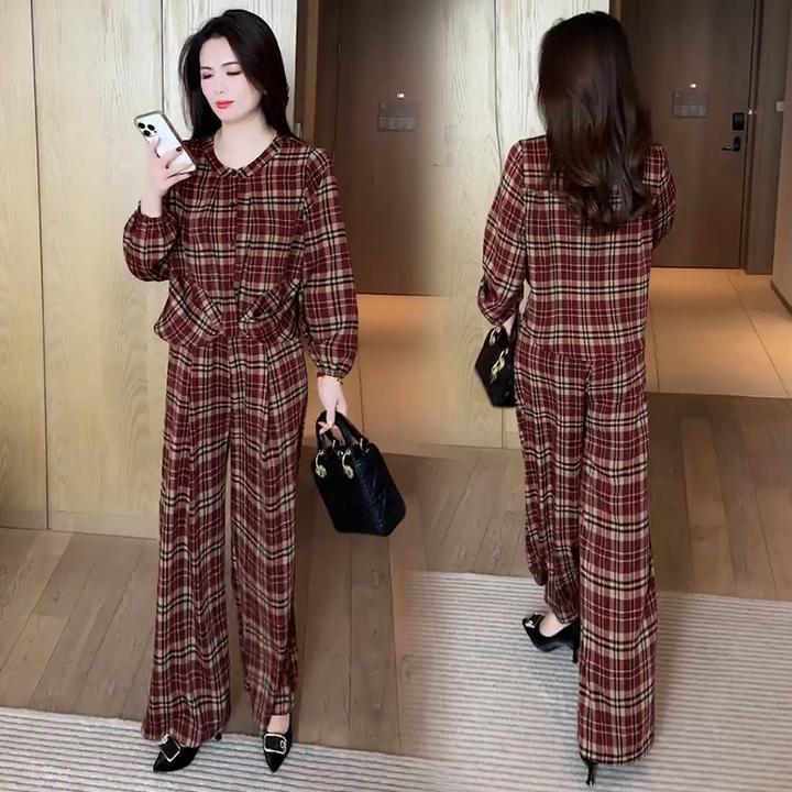 时尚套装女2025春季新款洋气质显瘦遮肉格子衬衫阔腿裤减龄两件套