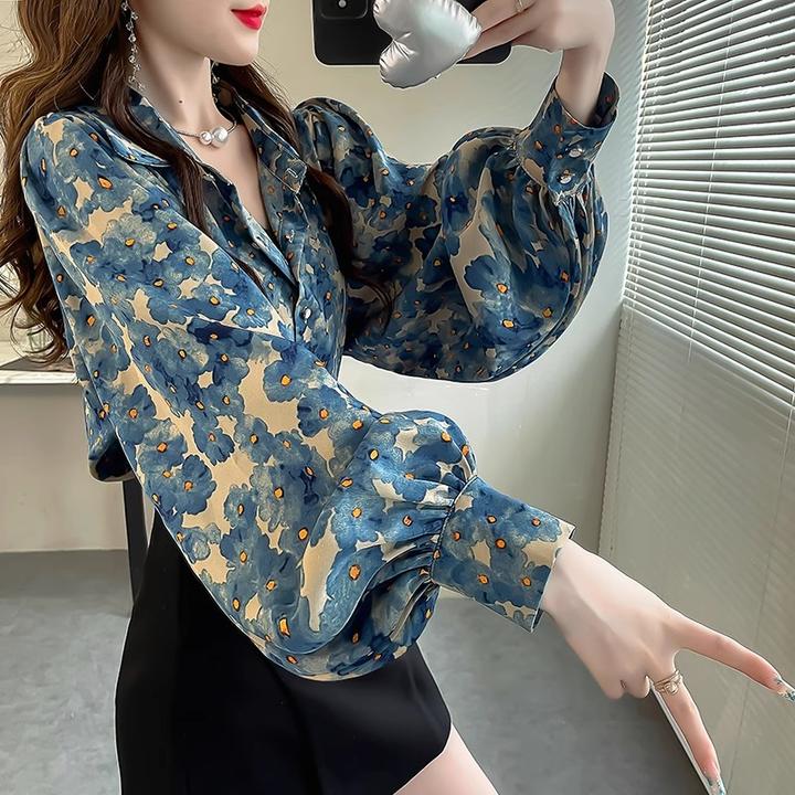 2025秋季新款时尚设计感小众碎花上衣气质雪纺衬衣显瘦灯笼袖衬衫