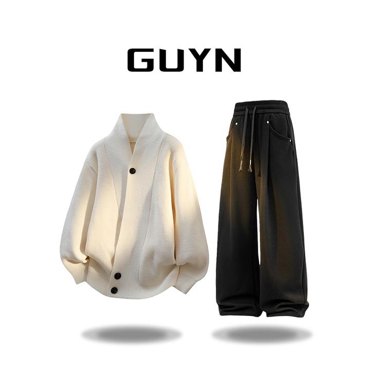 【品牌正品现货】GUYN针织衫男秋冬休闲宽松毛衣时尚外穿V领毛线衫