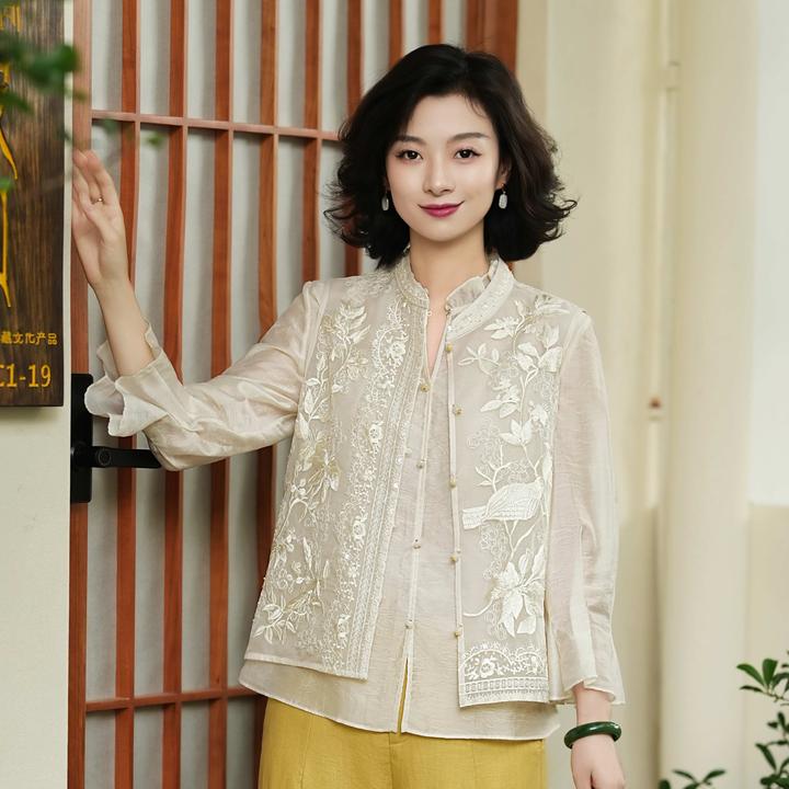 西子/【喜上枝头】桑蚕丝拼接欧根纱68万针刺绣双色马甲/MJTJ223