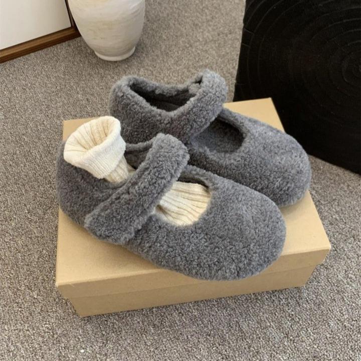 内增高单鞋秋冬配裙子保暖加绒一字带玛丽珍鞋毛毛鞋棉鞋软底女鞋