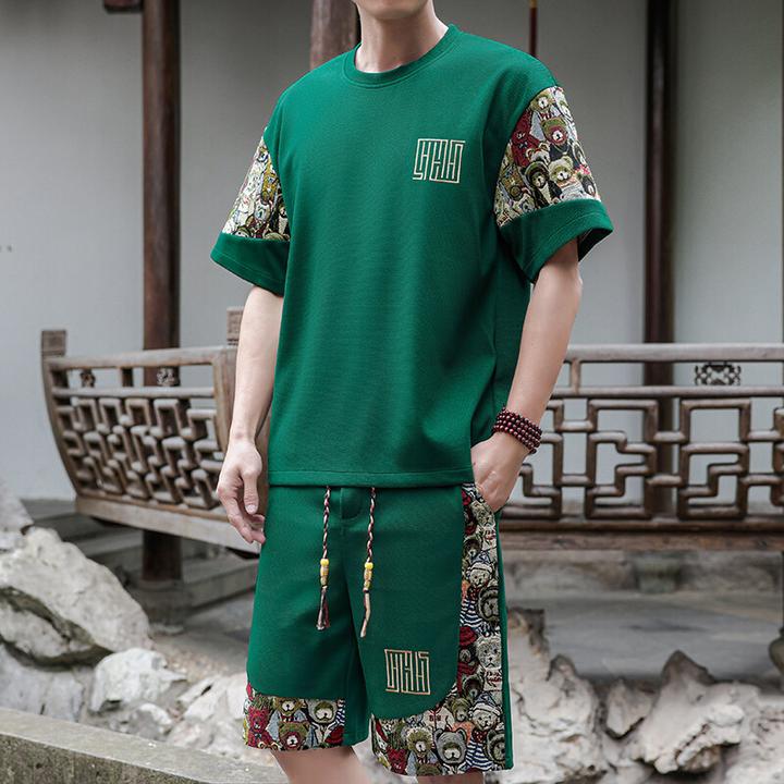 夏季薄款刺绣拼接休闲运动短裤T恤套装小熊拼接T大码男士时尚宽松