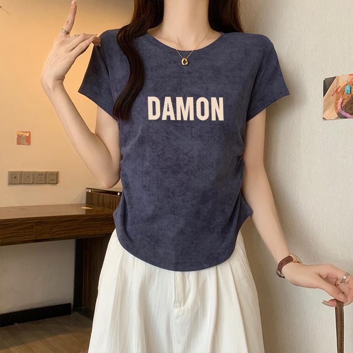 紫红色扎染正肩短袖T恤女夏季2025新款甜辣妹风收腰修身短款上衣