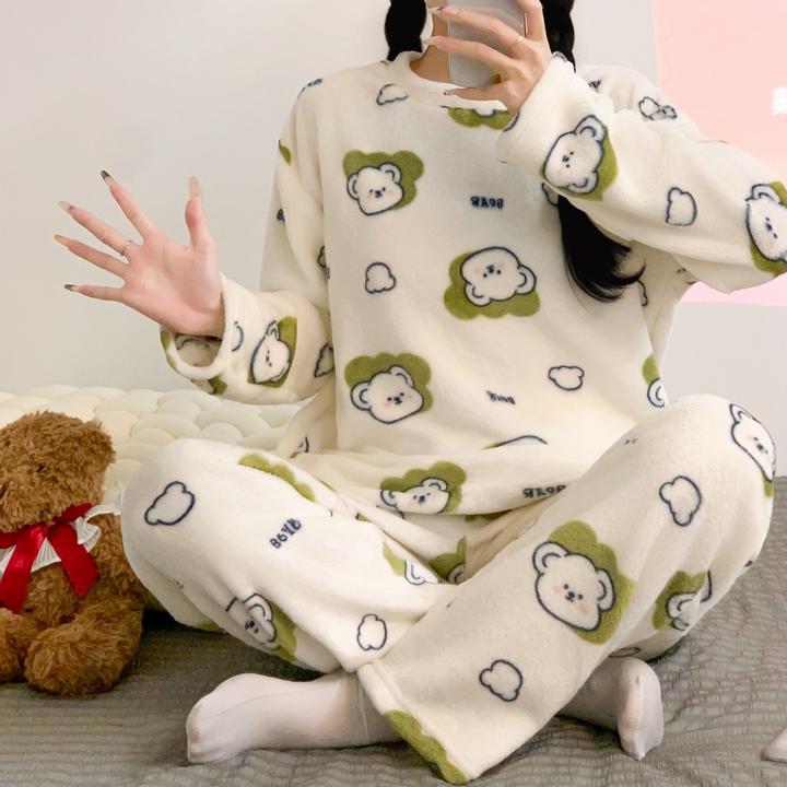 ins风加绒加厚珊瑚绒冬季睡衣秋冬季可家居服可外穿