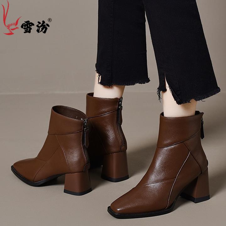 高跟方头短靴女后拉链瘦瘦靴百搭粗跟短筒踝靴加绒高跟时装靴