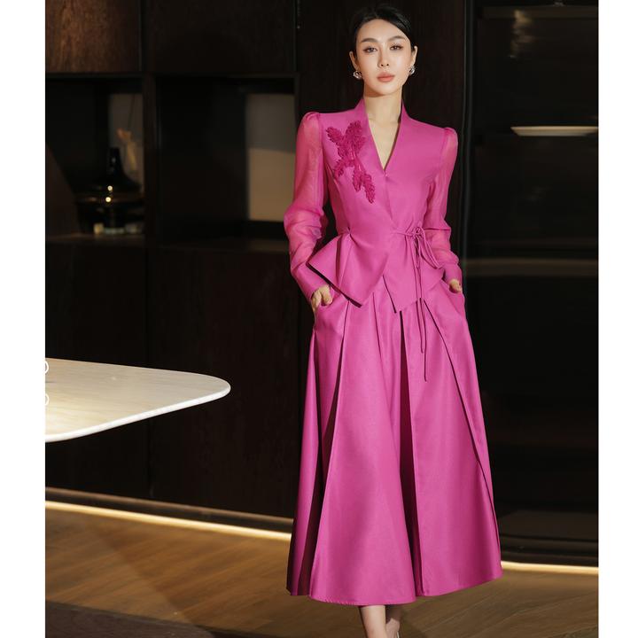 法式气质小香风立体花束优雅系带西装大摆中长款半身裙套装两件套