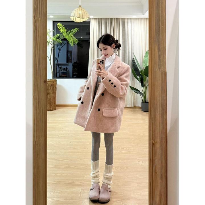 冬日恋歌 韩版高级感粉色西装外套温柔风双排扣气质毛呢外套女