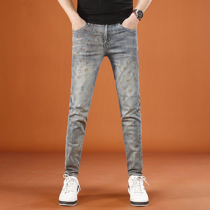 Cebrodz高端潮牌绣花裤子男夏季薄款时尚刺绣男士牛仔裤修身长裤