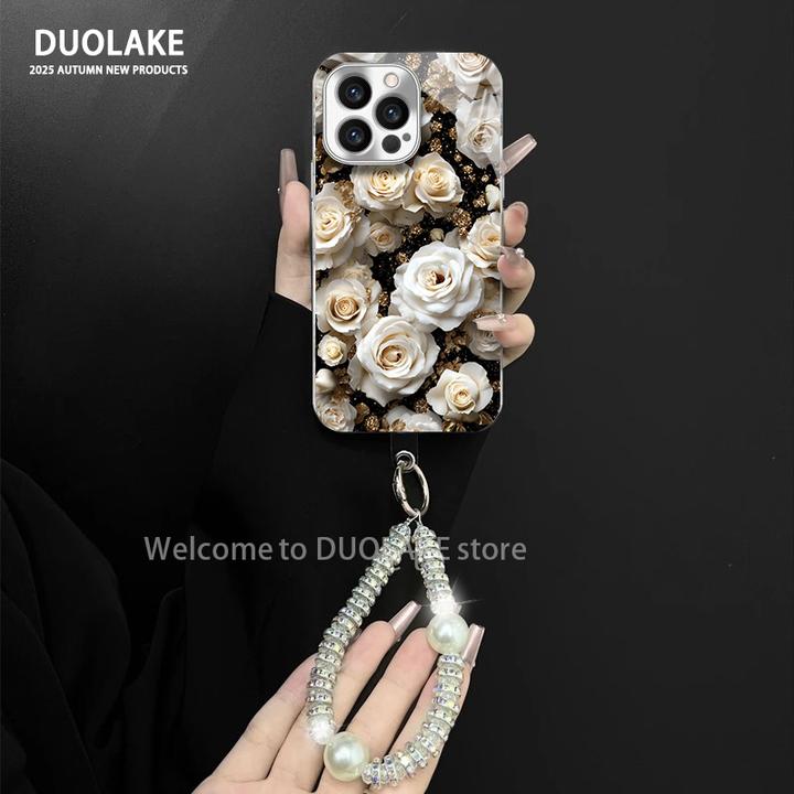 洁白玫瑰适用苹果vivo华为oppo小米iPhone17电镀玻璃防摔手机壳潮