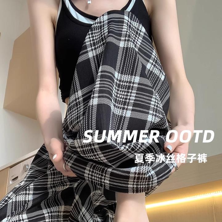 大码夏季格子裤女士2025新款爆款阔腿裤女胖mm显瘦垂感直筒休闲裤