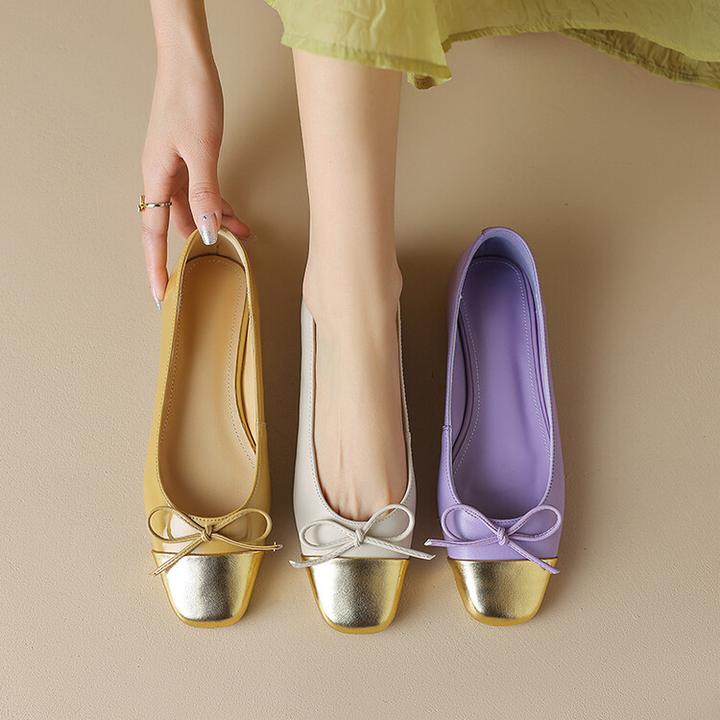 法式小香风蝴蝶结芭蕾舞平底鞋女真皮甜美拼色平跟瓢鞋温柔单鞋女