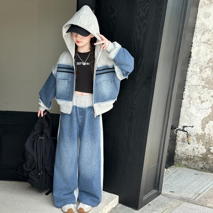 女童秋装儿童洋气牛仔针织拼接连帽套装中大童韩版时髦休闲两件套