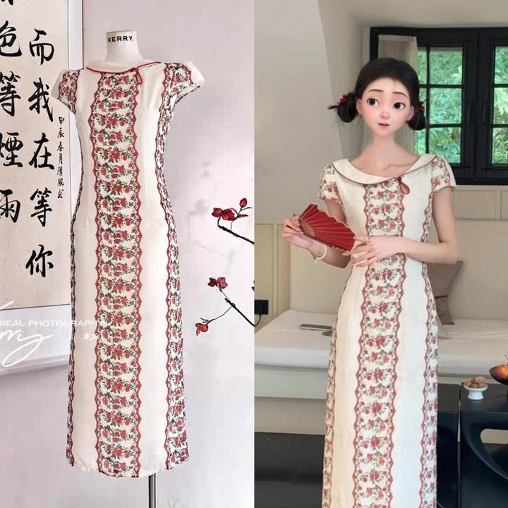 斜领镂空棉麻2025新款法式复古气质名媛风修身显瘦连衣裙女高级感