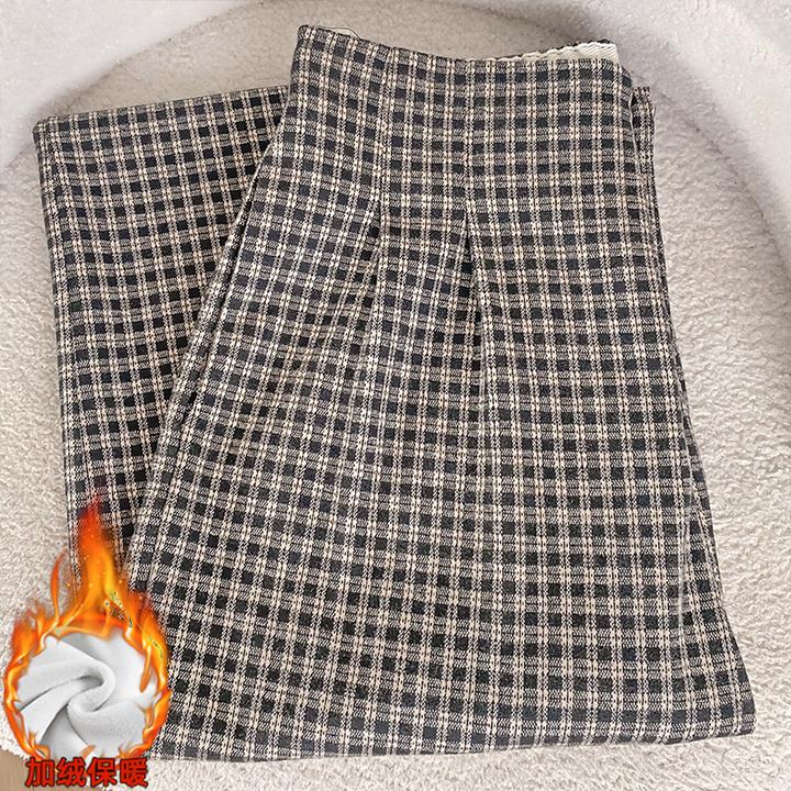 加绒2025秋冬新款复古格子裤女款松紧垂感加厚休闲显瘦经典阔腿裤