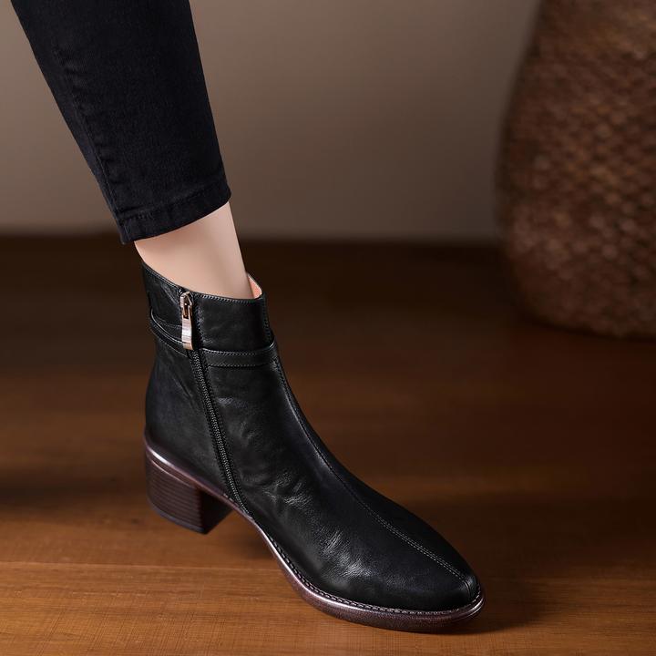 小个子手工女鞋5.5cm~粗跟短靴女方头短筒侧拉链马丁靴皮带扣女靴
