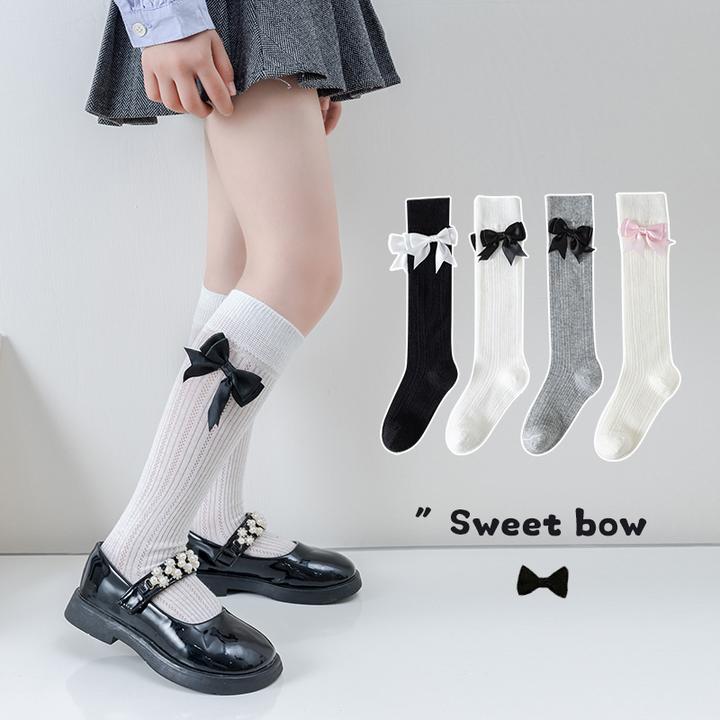 夏季女童宝宝薄款网眼透气中筒袜大蝴蝶结公主袜百搭jk袜子白色堆