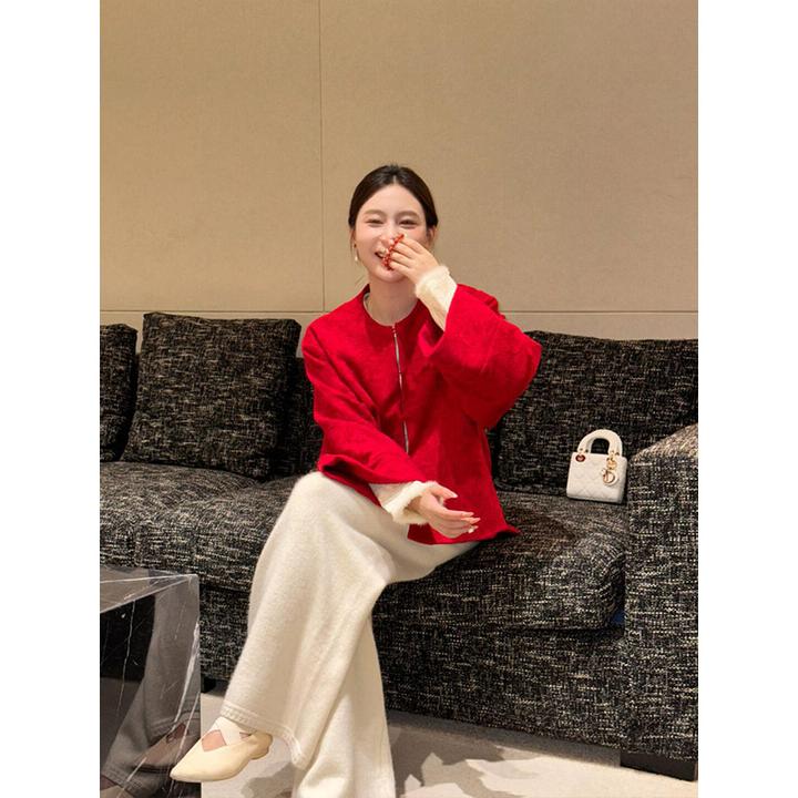 新中式复古新年喜庆红色显瘦百搭长袖上衣高腰松弛感休闲阔腿裤女