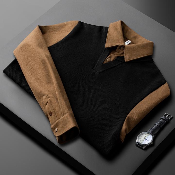 轻奢秋冬厚款保暖毛呢衬衫领假两件毛衣男修身高端商务休闲针织衫