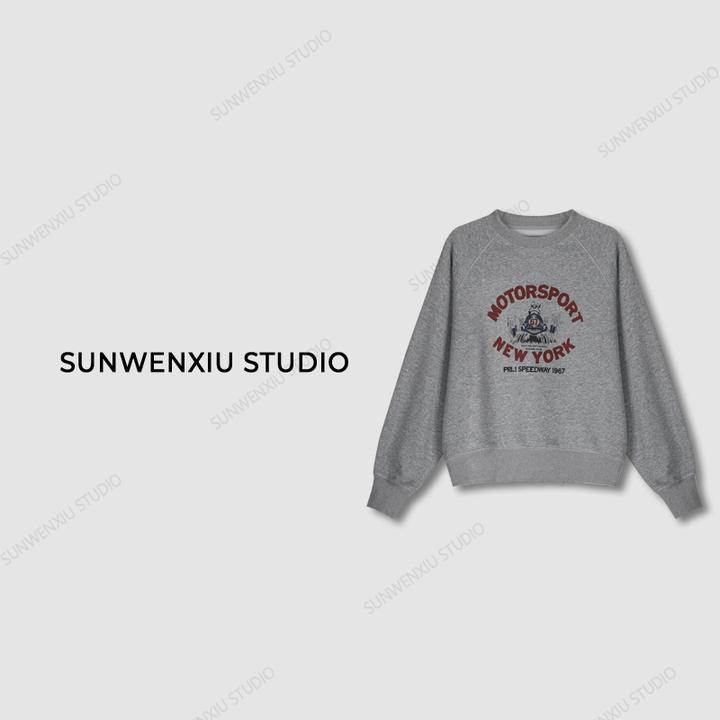 swx studio3店 “赛车卫衣”复古美式灰色休闲百搭印花圆领卫衣