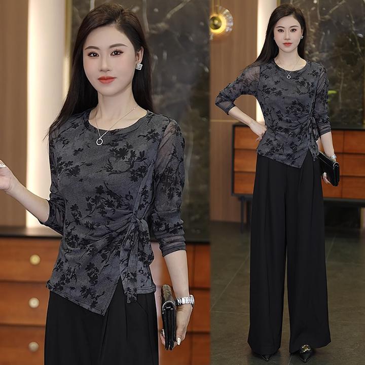 【烟枝束影】绑带蝴蝶结设计感显瘦T恤2025新款高级感印花长袖女潮