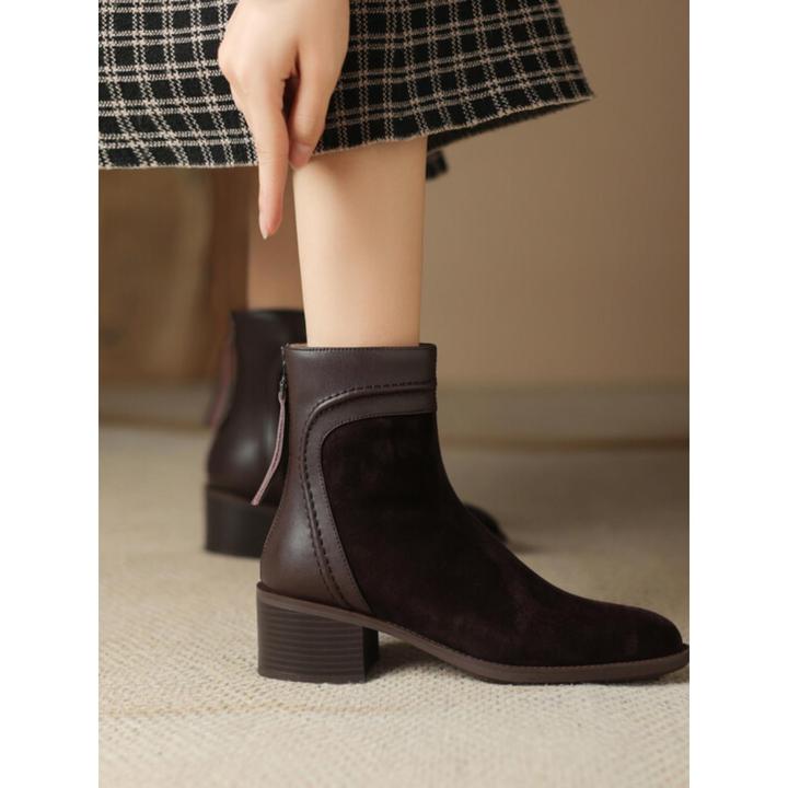 法式覆古粗跟小短靴女2025秋新款单靴磨砂羊翻皮中跟瘦瘦靴冬加绒