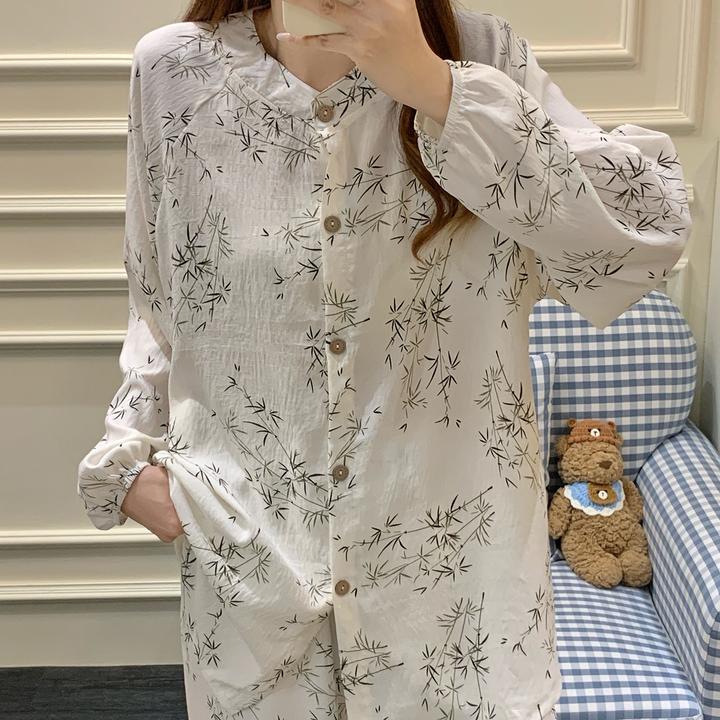 云朵棉睡衣女秋季长袖大码2025新款可外穿国风竹叶家居服冬天套装