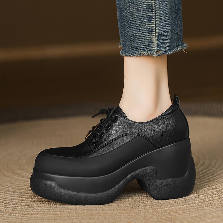 小个子手工女鞋9cm~厚底深口单鞋女系带圆头松糕鞋粗跟高跟小皮鞋