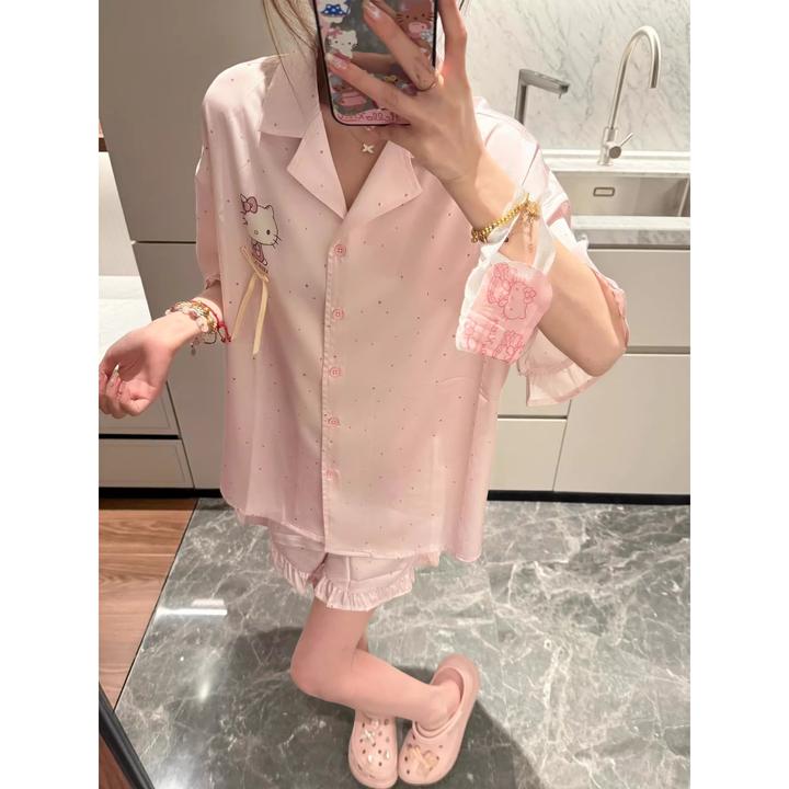 【可爱Kitty印花】韩系少女冰丝睡衣女夏季新款短袖短裤家居服套装