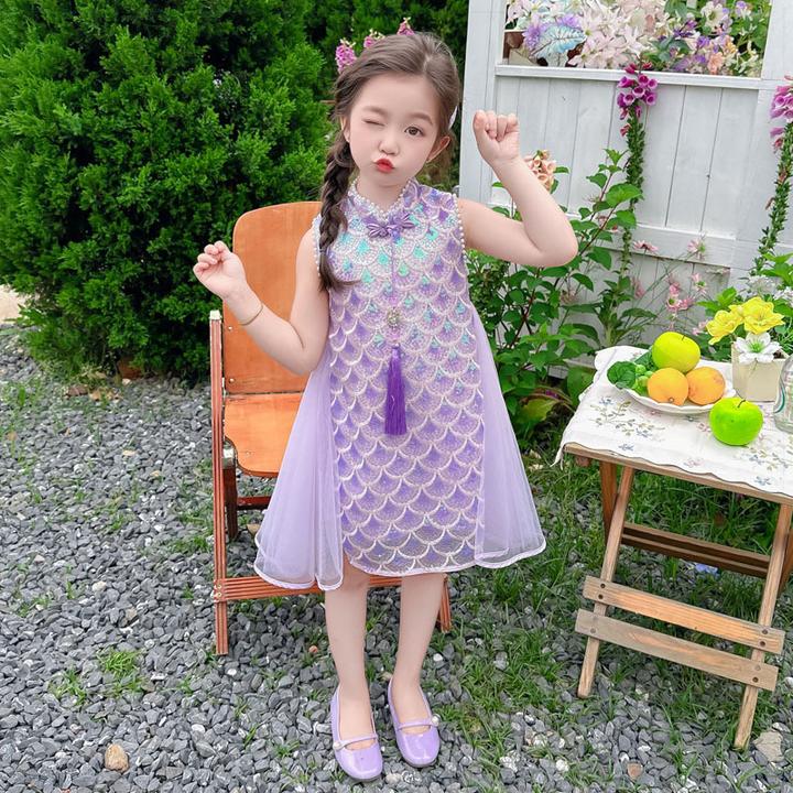 新品巴拉女童新中式旗袍裙2025夏装新款儿童中国风美人鱼紫色鱼鳞