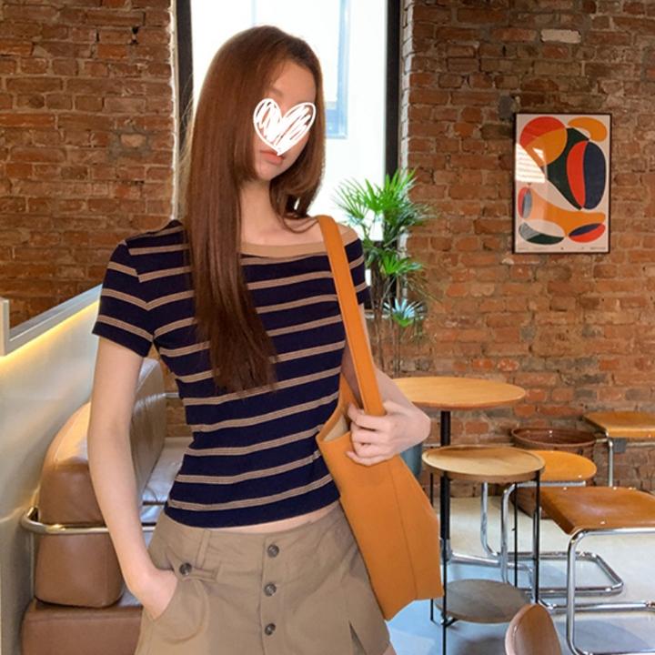 艺等2025年夏季新款韩版高级设计感条纹短袖T恤修身显瘦女上衣潮