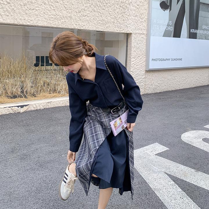 设计感假两件不规则连衣裙女2025春夏新款复古气质收腰显瘦衬衫裙