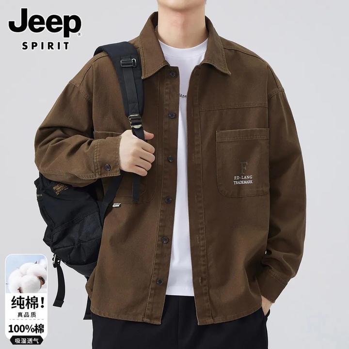 JEEPSPIRIT长袖衬衫男士春秋季纯棉宽松工装复古刺绣休闲百搭衬衣