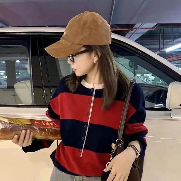 8921【绵羊毛】条纹撞色针织半开扣慵懒风新款百搭针织