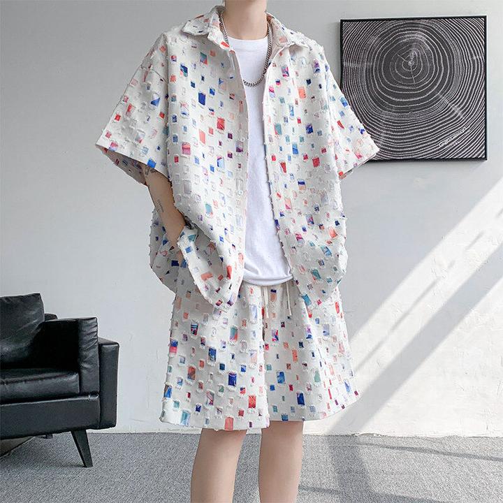 短袖衬衫男夏季潮牌痞帅设计感格子套装男生宽松休闲短裤搭配一套