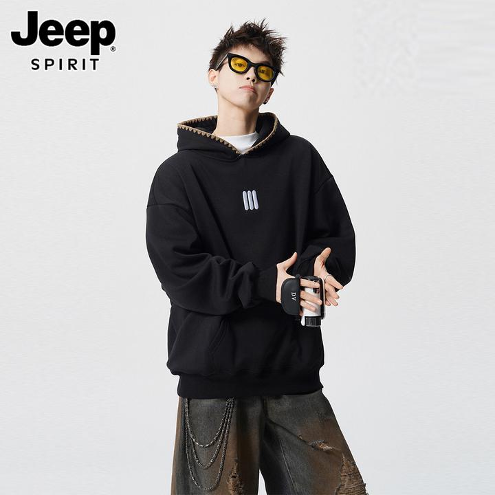 JEEPSPIRIT美式重磅三条杠连帽卫衣男款冬季男款加绒加厚连帽卫衣