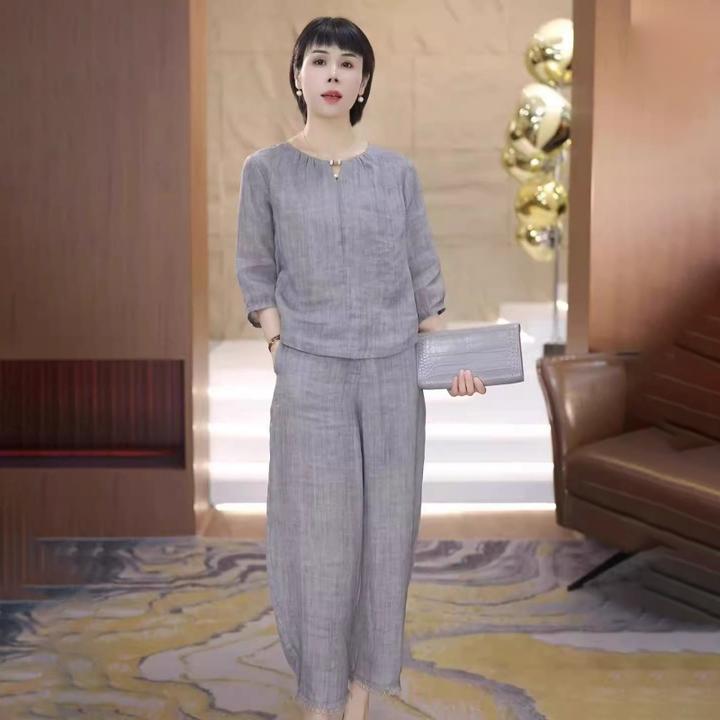 慵懒风休闲2025夏季新款时尚套装女洋气纯色减龄上衣阔腿裤两件套