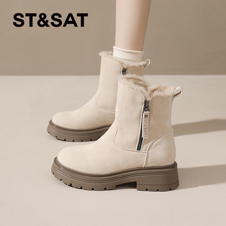 星期六拉链雪地靴女士2025新款复古休闲风棉靴秋冬中筒马丁女靴