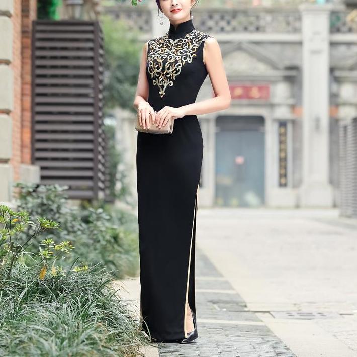 年轻时尚无袖显瘦刺绣大气演出加长款旗袍形体服大码高端免熨烫