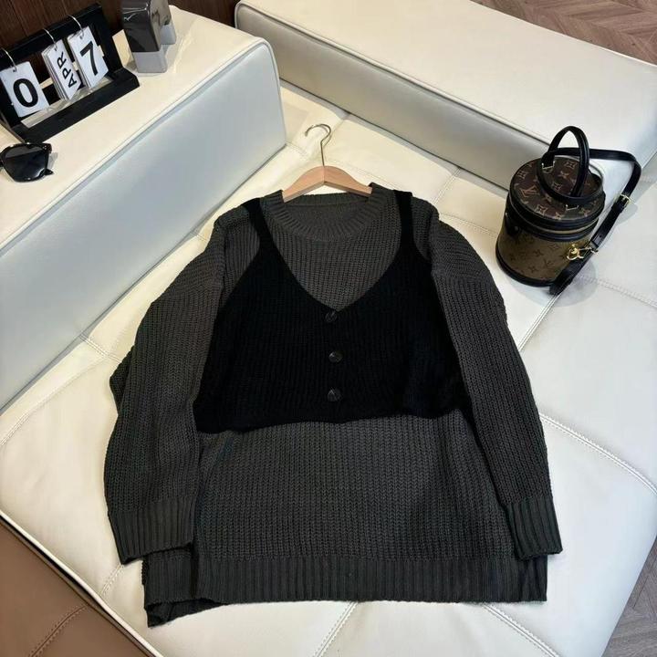 2025早秋新款假两件针织毛衣女百搭休闲慵懒风宽松显瘦中长款上衣