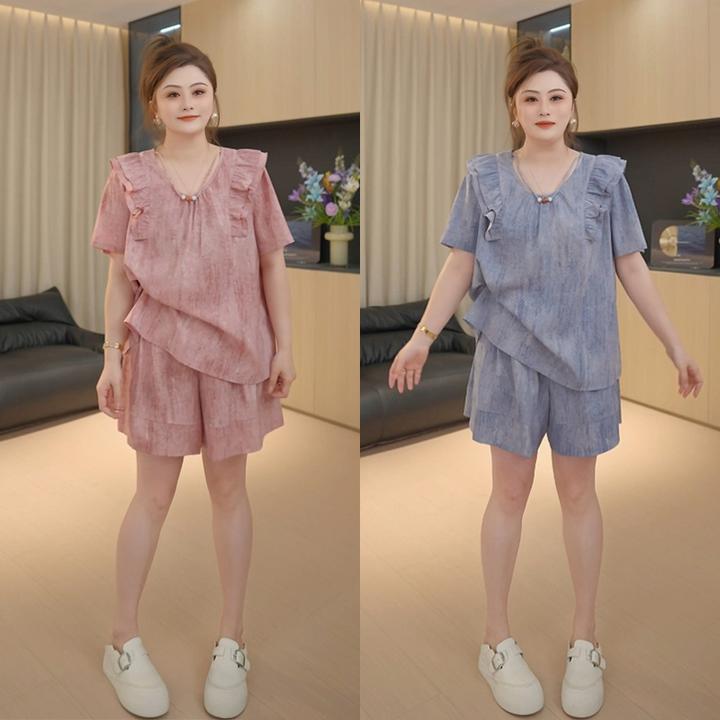 【胖佳佳】现货~诗情画意 夏季扎染雪纺衬衫短裤两件套H625A05107