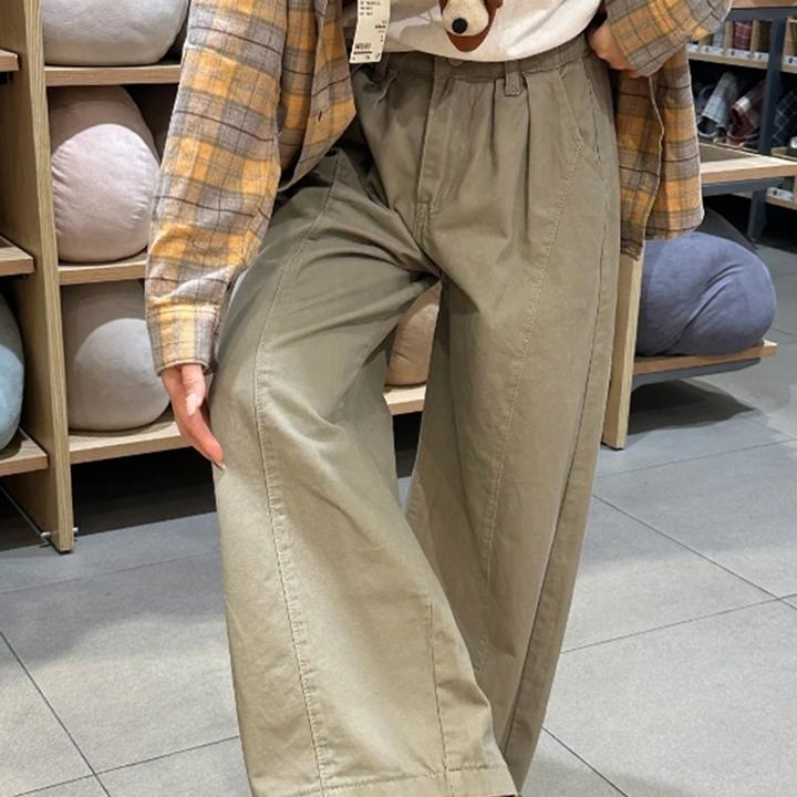 卡其色直筒休闲工装裤女大码女装胖mm宽松显瘦梨形身材弯刀阔腿裤