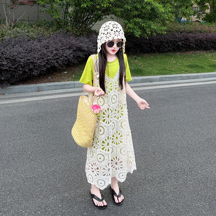 女童连衣裙夏装2025新款洋气女孩裙子中大童镂空马甲连衣裙两件套
