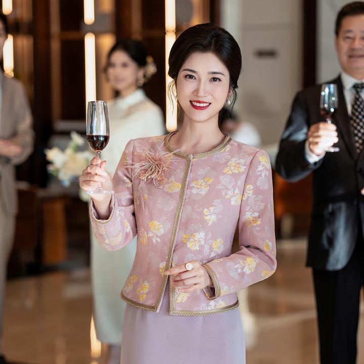 喜嘉喜秋冬季长袖新款喜婆婆旗袍两件套中式粉色新年礼服1594