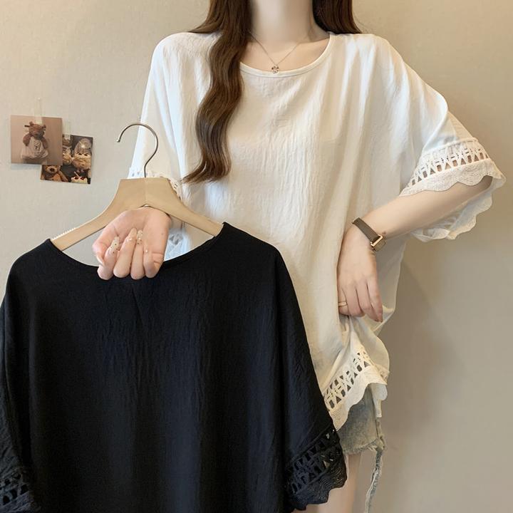 大码慵懒风宽松拼接蕾丝短袖胖MM气质显瘦遮肚显瘦针织衫