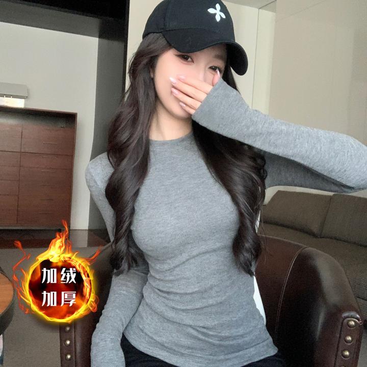大码加绒加厚长袖内搭打底衫t恤女百搭韩系正肩修身秋冬上衣穿搭