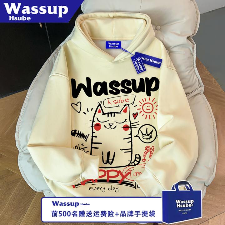 WASSUP HSUBE宽松秋冬季休闲简约猫咪男女卫衣无口袋连帽情侣上衣